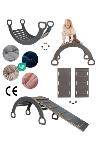 3w1 Bujak montessori XXL + zjeżdżalnia DRABINKA - szary + PODUSZKA