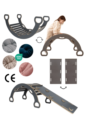 3w1 Bujak Montessori XXL z uchwytami + zjeżdżalnia CHMURKI - szary + PODUSZKA