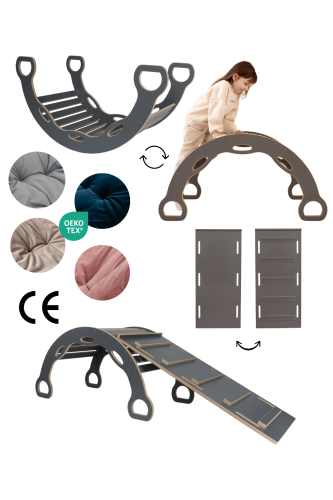 3w1 Bujak Montessori XXL z uchwytami + zjeżdżalnia DRABINKA - szary + PODUSZKA